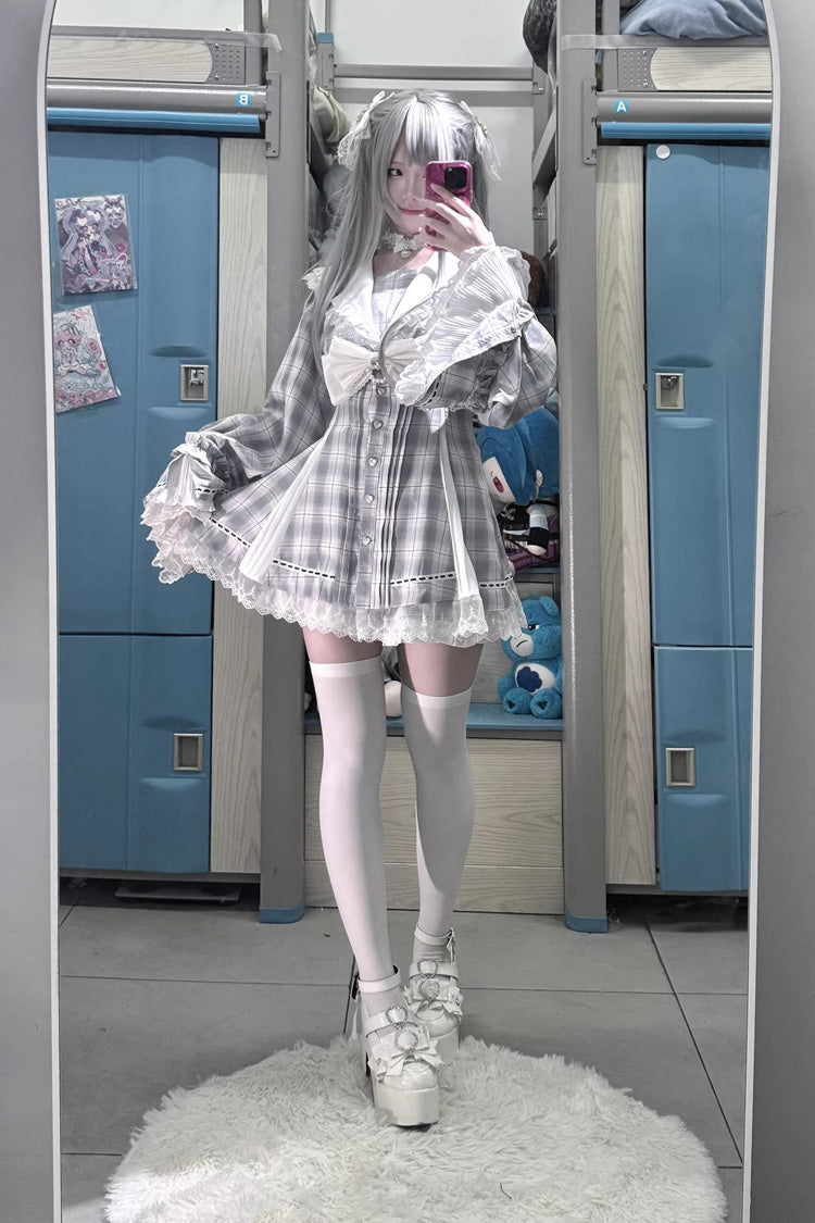 Square Collar Long Sleeves Bow Lace Pearl-Decorated Sweet Jirai Kei Dress and Short Set