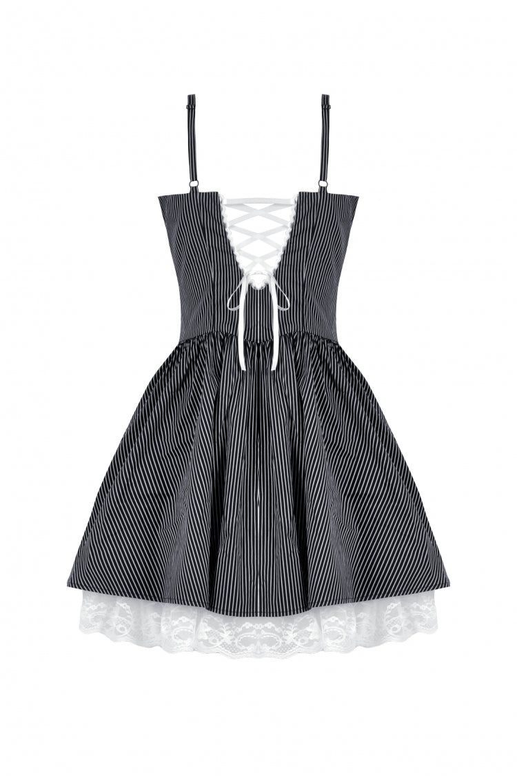 Monochrome Gothic Lolita Slip Dress with Pinstripes and Lace-Up Details