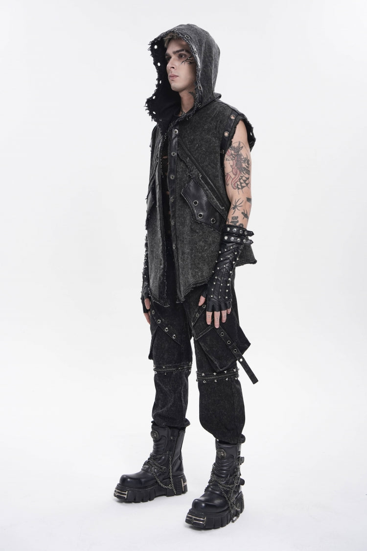 Noir Punk Vest with Hood and Buckle Accents