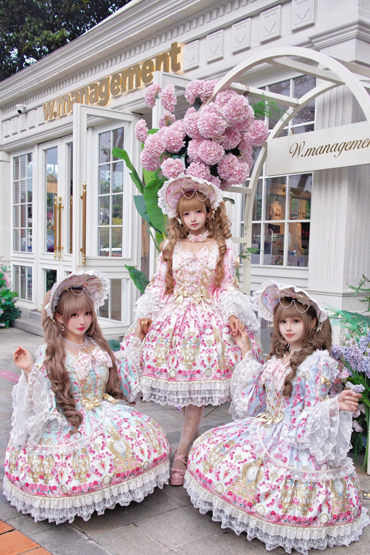 Mint Green/Pink [Rose Garden Prelude] Square Collar Long Trumpet Sleeves Printed Ruffled Bow Lace Lace-Up Sweet Lolita Dress