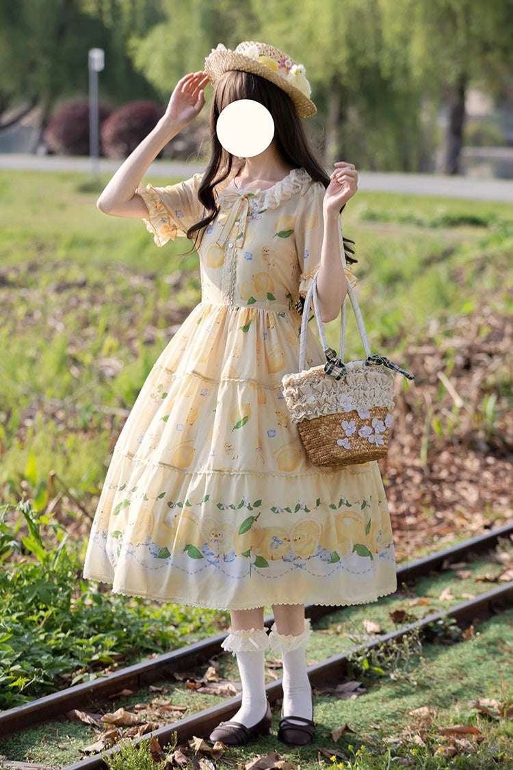Lemon Chicken Print Short Sleeve Ruffled Bow Lace Daily Sweet Lolita Dress - Yellow