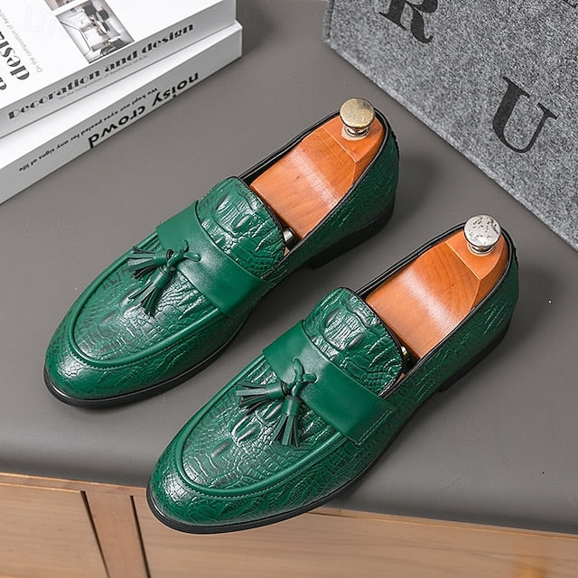 Men's Leather Loafers with Crocodile Embossed Faux Green