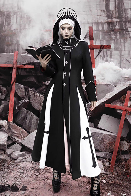 Noir Cross Print Hollow Cardigan Stitched Gothic Long Coat - The Trial of a Nun