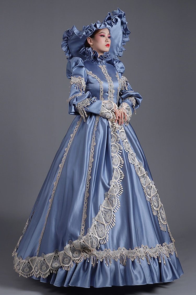 Blue Victorian Ruffled Dress with High Collar and Floral Embroidery - Altfashion Shop