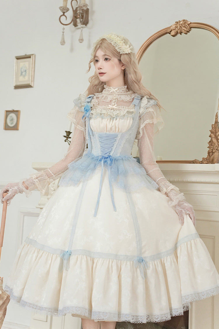 Ivory Square Collar Flutter Sleeve Ruffle Fishbone Sweet Long Jumper - Sea Salt Iced Tea