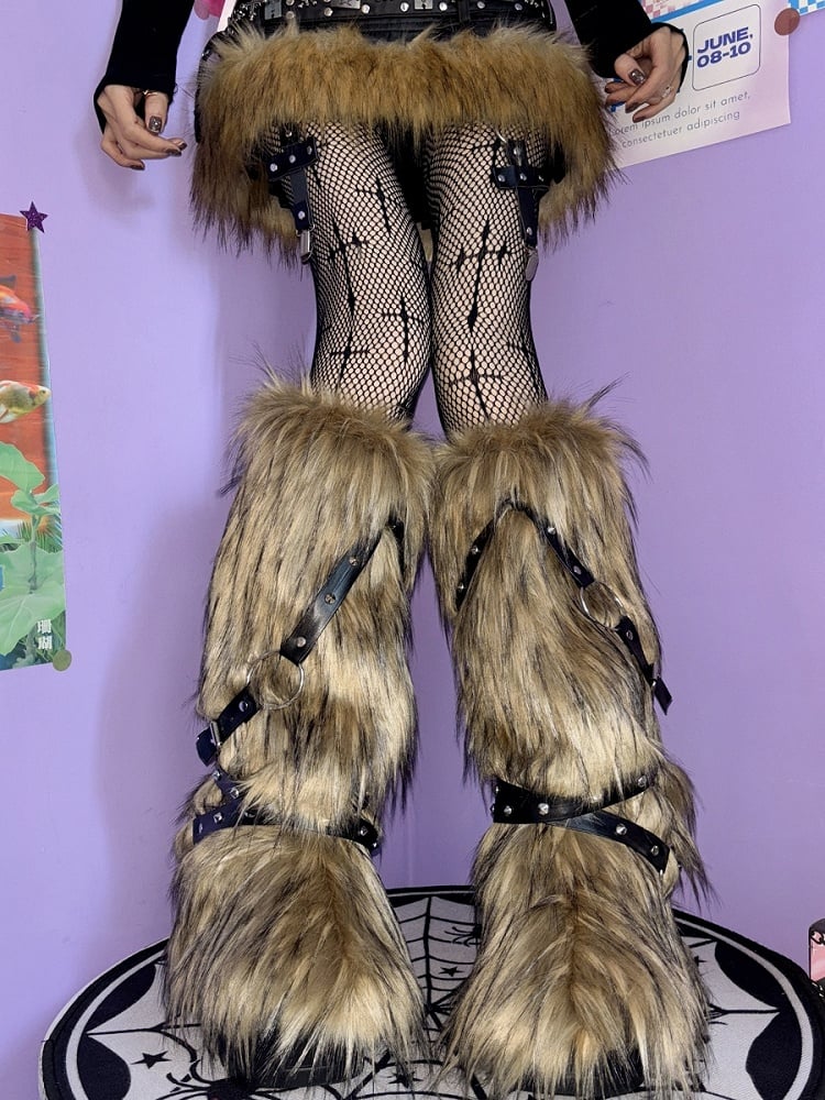 Yellow White Gray Strap Shaggy LegWarmers