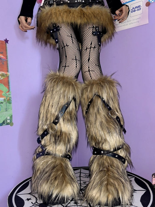 Yellow White Gray Strap Shaggy LegWarmers