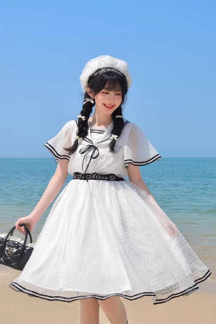 White Seaside Sweetheart Chiffon Navy Collar Short Sleeves Ruffled Lace-Up Slim Sailor Sweet Dress