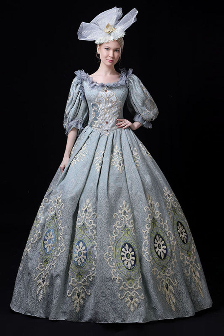 Blue Victorian Boat Neck Dress with Floral Embroidery - Altfashion Shop