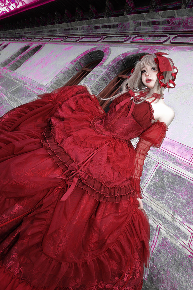 Wine Red Cross Halterneck Ruffle Bowknot Lace Lace-Up Gothic Dress