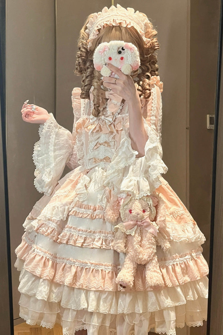 Pink Long Sleeve Layered Ruffle Bow Lace Sweet Dress