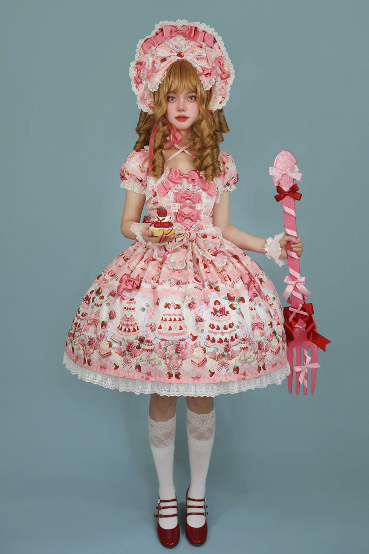 Strawberry Cake Bouquet Print Square Collar Short Sleeve Bow Lace Sweet Lolita Dress - 3 Colors