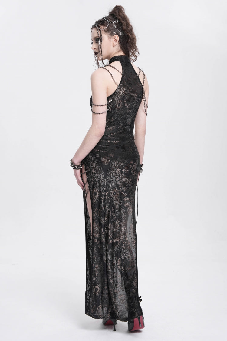 Jet Off-Shoulder Halterneck Sleeveless Side Slit Gothic Dress