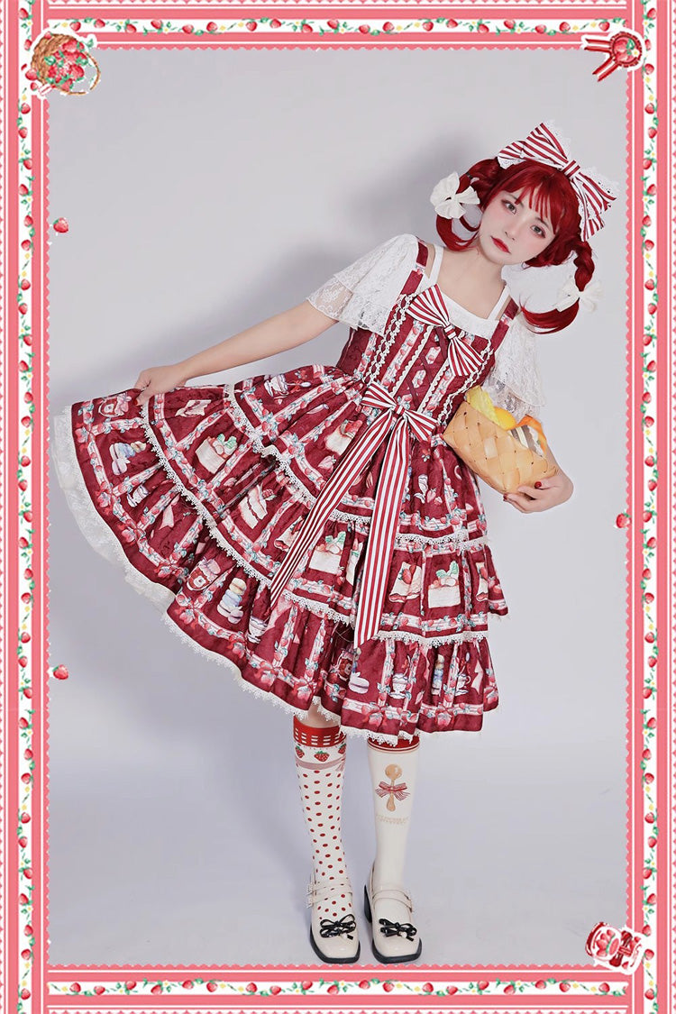 Strawberry Afternoon Tea Themed Sweet Lolita Tiered Dress with Ice Cream Print