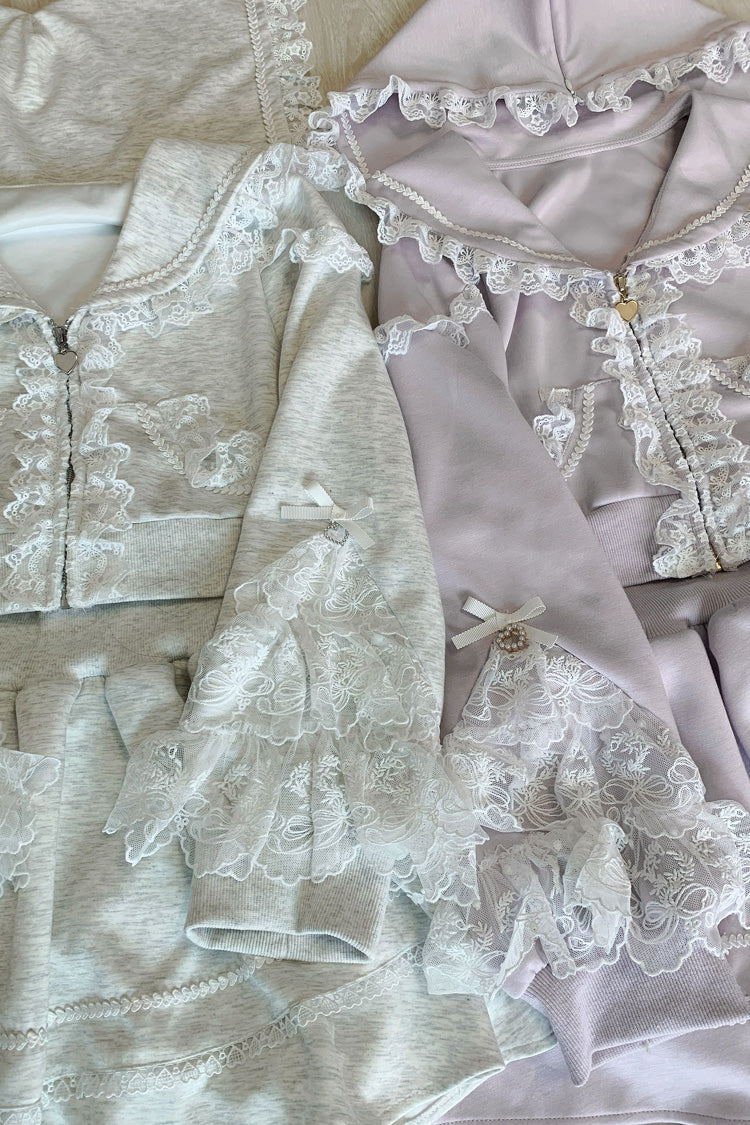 Ash Hooded Jirai Kei Set with Ruffled Lace Accents