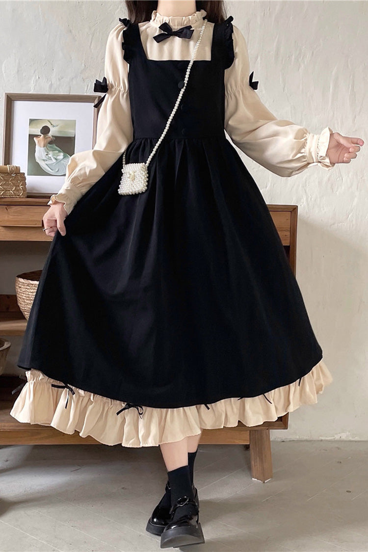 Noir/Apricot Puff Sleeve Bow Ruffle Sweet Dress - Japanese Style