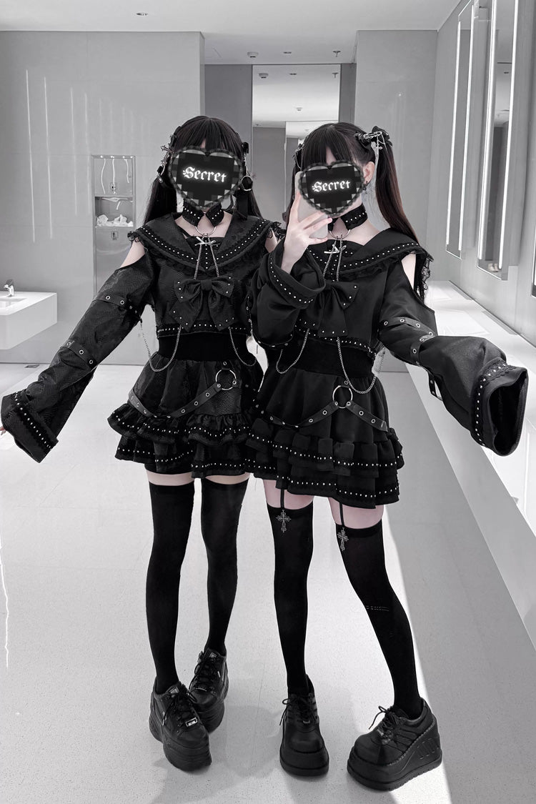 Navy Collar Long Sleeves Ruffled Bow Studded Gothic Jirai Kei Top and Skirt Set