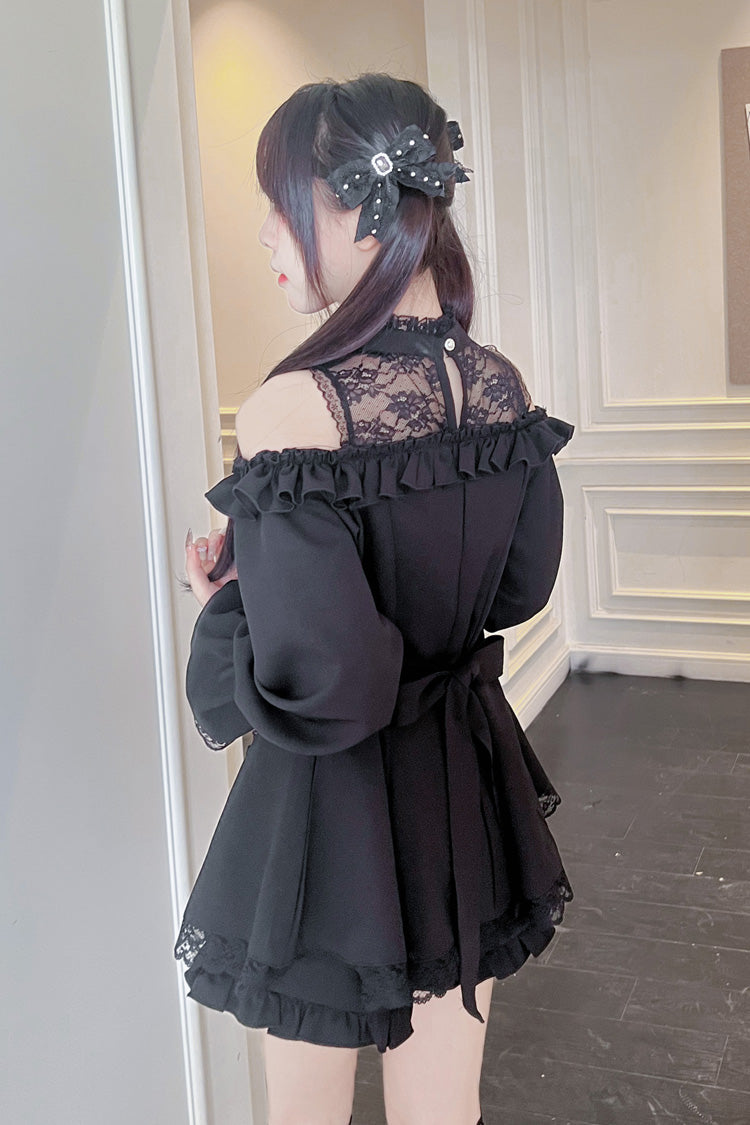 Sweet Off Shoulder Halterneck Long Sleeve Ruffled Bow Lace Jirai Kei Dress Shorts Set