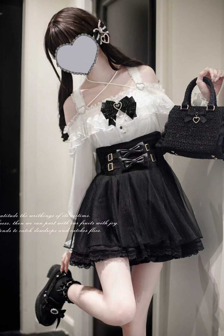 Black Solid Color Bow Sweet Jirai Kei Skirt