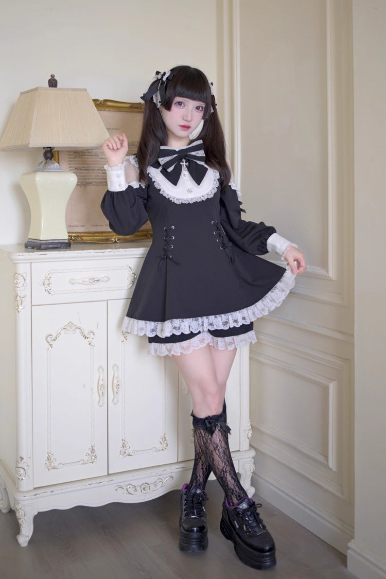 Black White Long Sleeve Hollow Bow Lace Lace-Up Sweet Jirai Kei Shorts Set