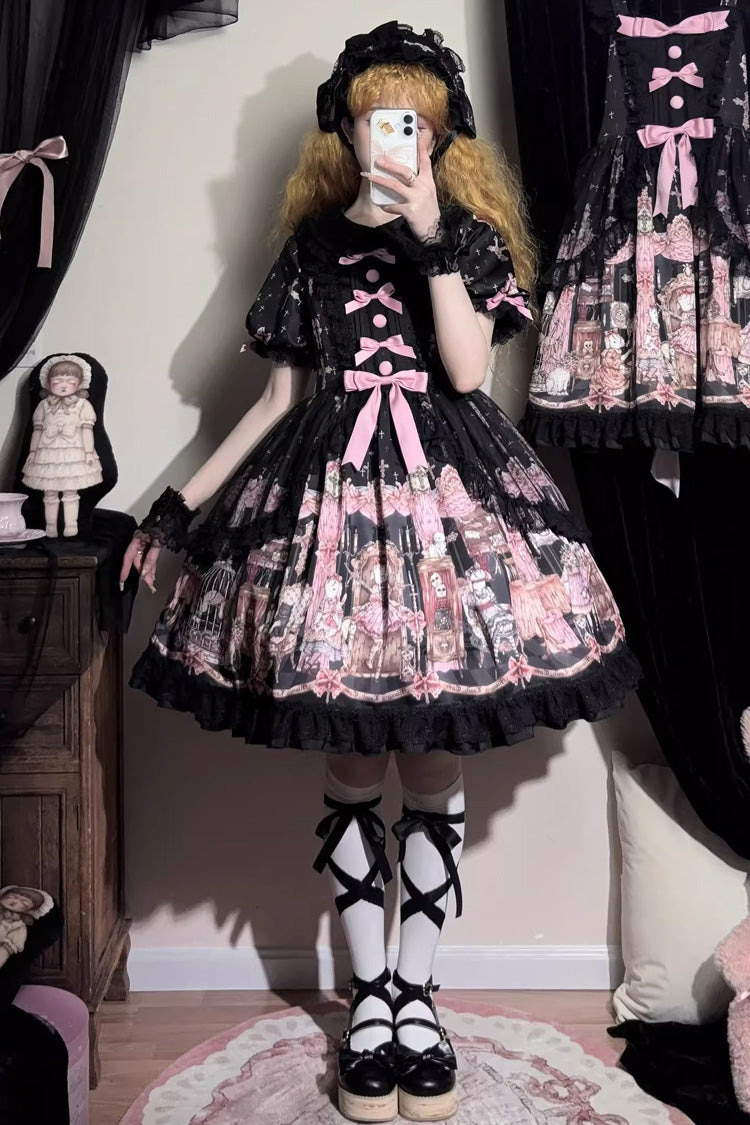 Ruffled Lace Dress with Bowknot and Missing Lamb Print