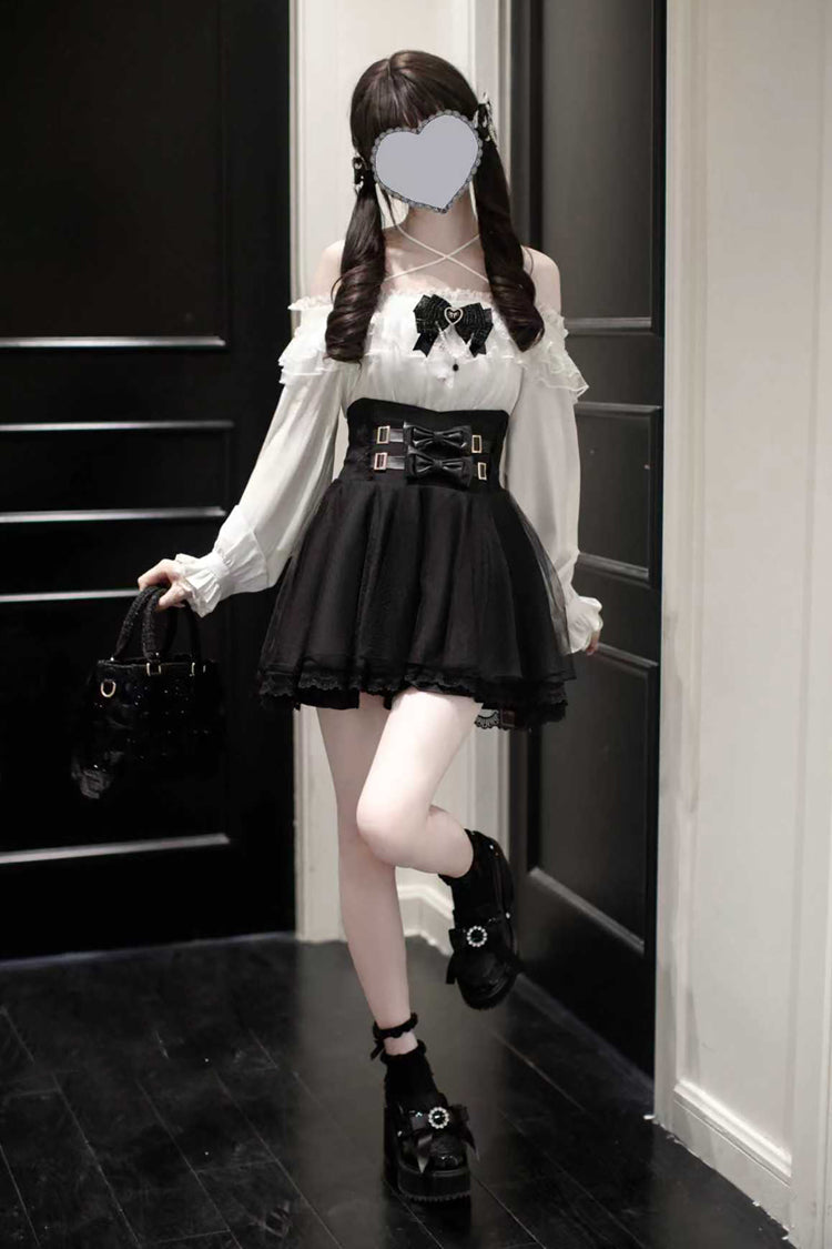 Black Solid Color Bow Sweet Jirai Kei Skirt