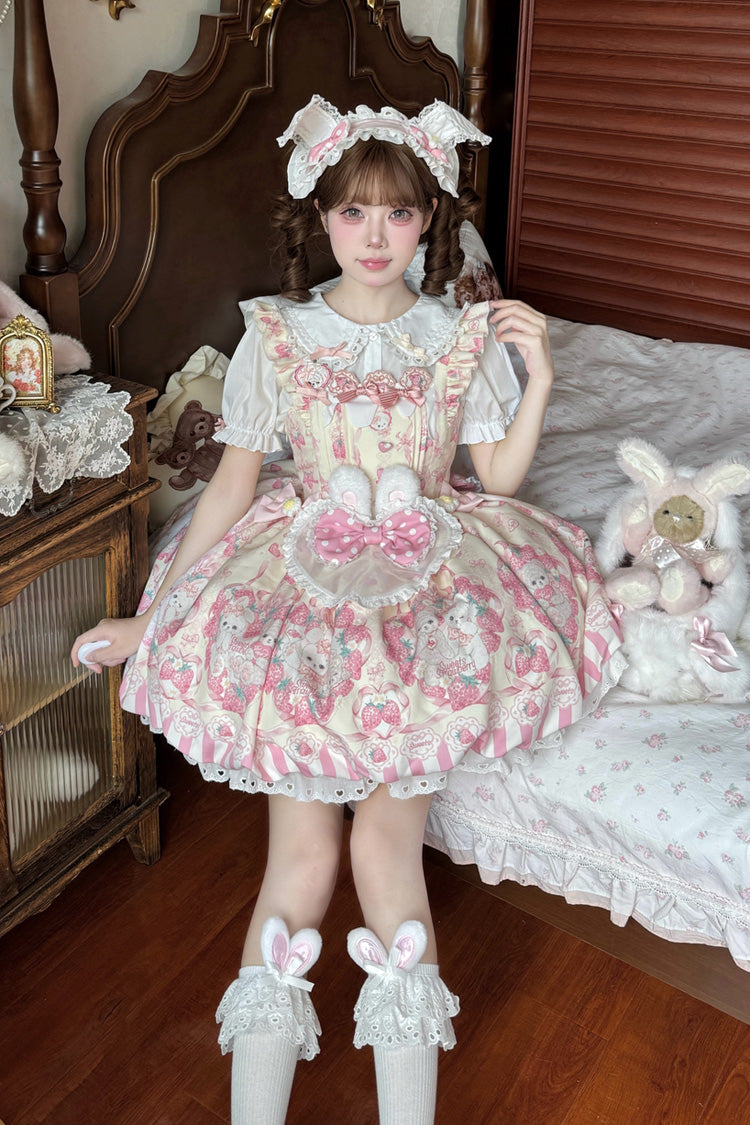 Strawberry Print Sleeveless Bowknot Sweet JSK Dress in 2 Colors - Cream Rabbit Strawberry