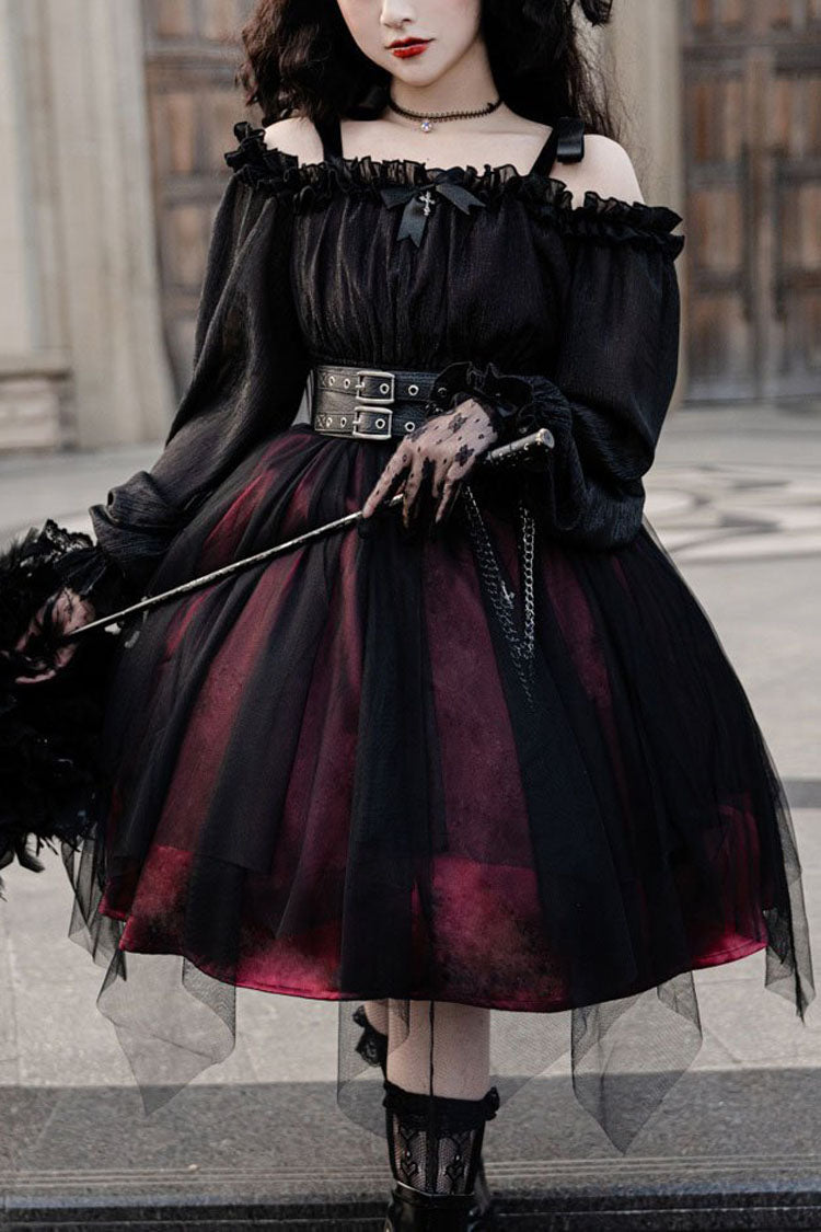 Black Boat Neck Metal Chain Organza Stitching Gothic OP Dress