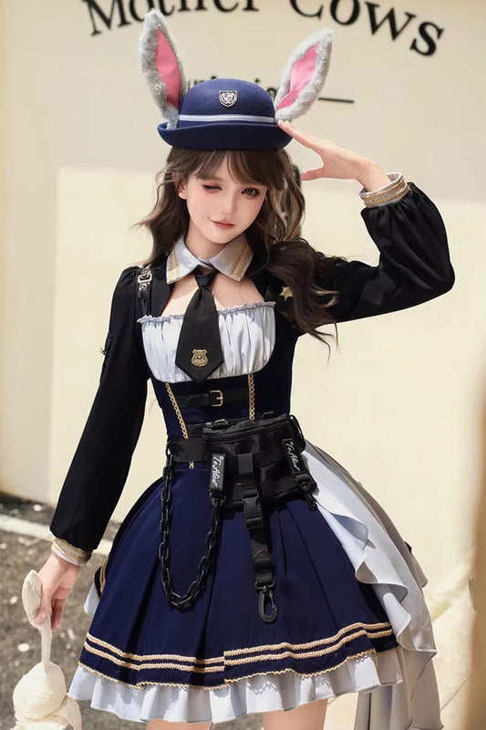 Blue Rabbit Police Officer Ruffled Bow Asymmetric College Style Handsome Jsk Dress