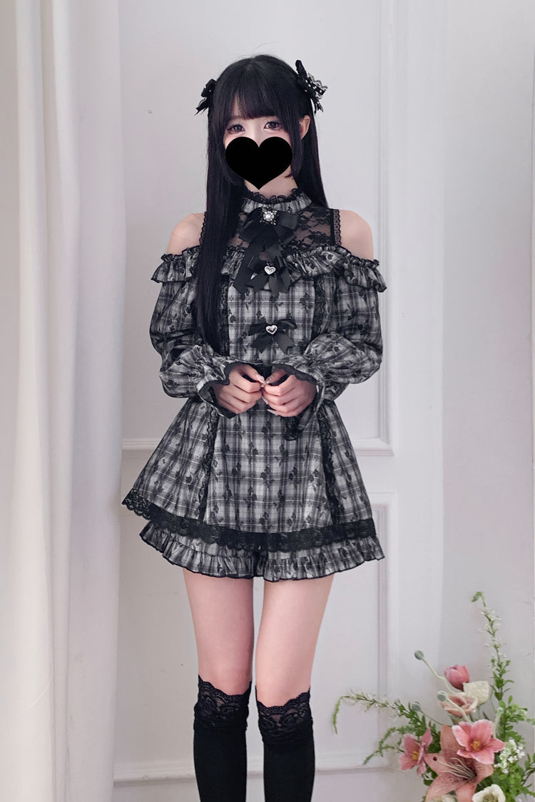 Sweet Off Shoulder Halterneck Long Sleeve Ruffled Bow Lace Jirai Kei Dress Shorts Set