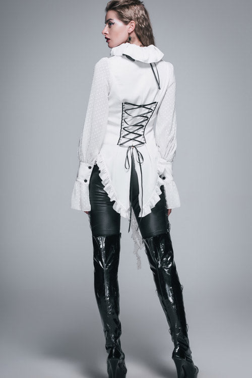Ivory Gothic Blouse with Chiffon Ruffles and Dovetail Hem