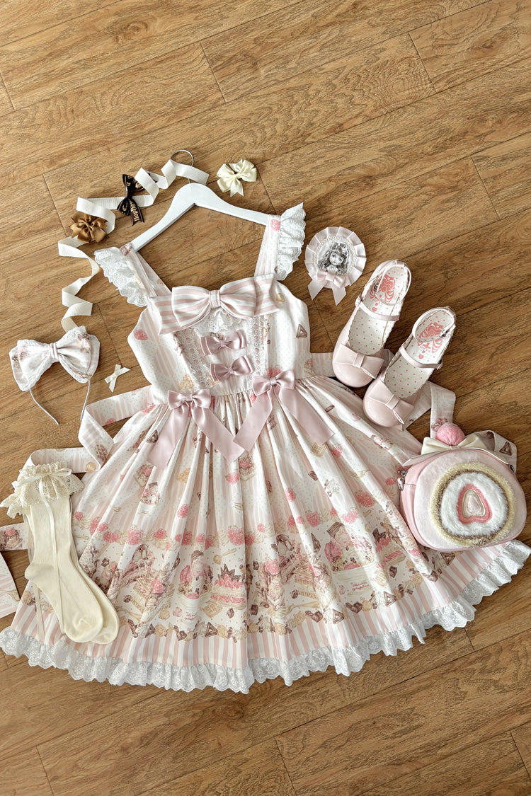 Strawberry Cheesecake Square Neck Printed Bow Lace Casual Lolita JSK