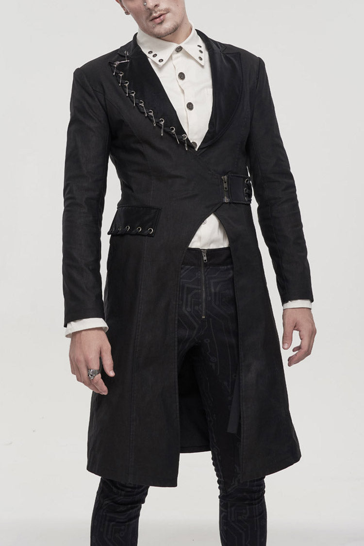 Twill Faux-Leather Pin-Decorated Drawstring Punk Overcoat