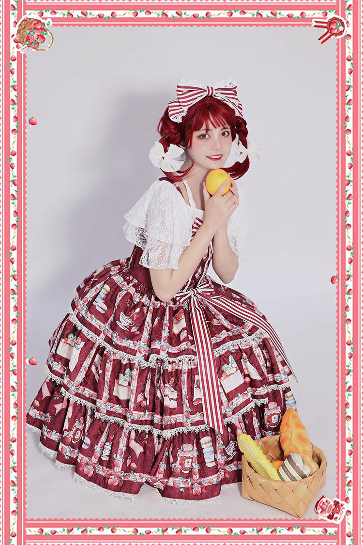 Strawberry Afternoon Tea Themed Sweet Lolita Tiered Dress with Ice Cream Print