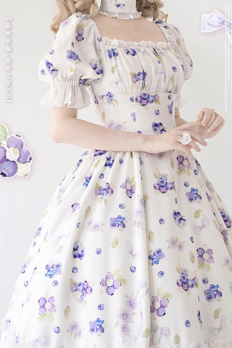 Botanical Print Ruffle-Trim Lace Summer Lolita Gown in Six Shades - Forest Basket