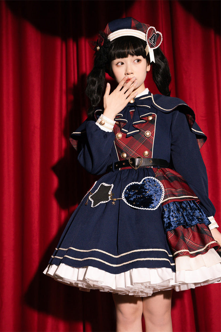 Red Dark Blue Starlight Academy Style Long Sleeves Printed Ruffled Spliced Asymmetric Faux Two-Piece Sweet Dress