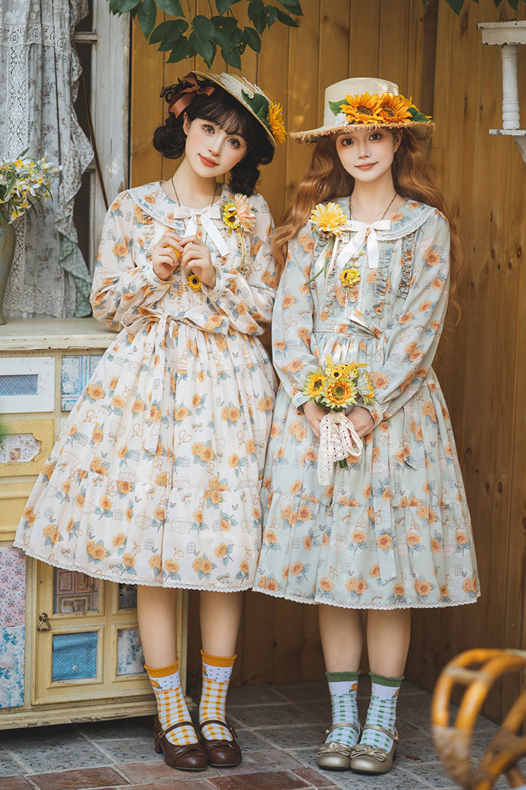 Apricot Sunflower Long Sleeve Floral Bow Elegant Lolita Dress