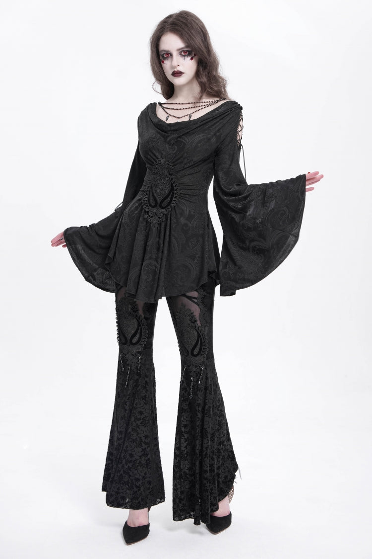 Floral Embroidered Flared Gothic Pants with Cutout Design for Women