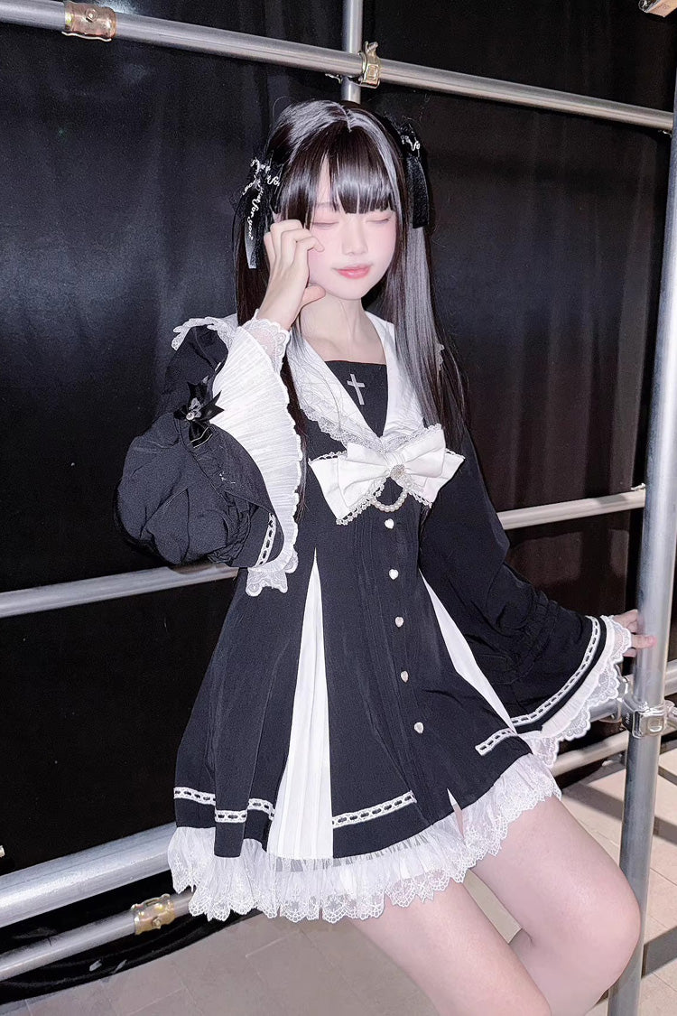 Dark Night Prayer Square Collar Long Sleeve Bow Lace Pearl Sweet Jirai Kei Dress and Shorts Set