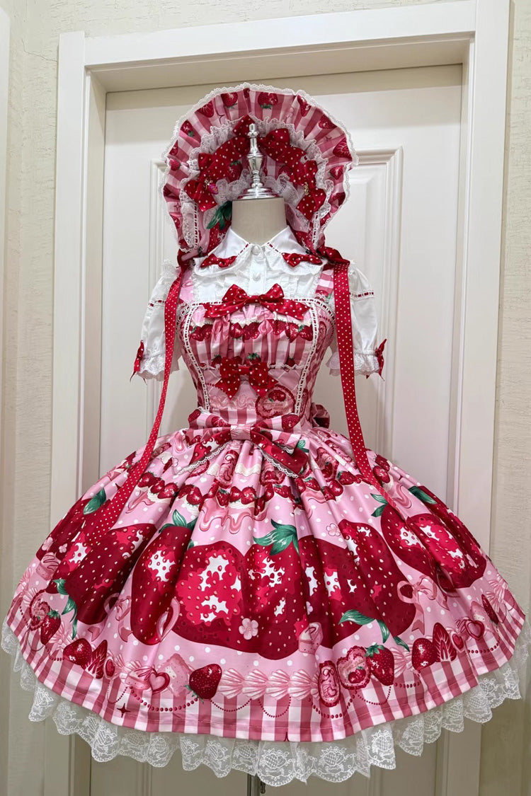 Dream to Strawberry Printed Ruffle Bow Lace Sweet Lolita JSK Dress in Four Shades