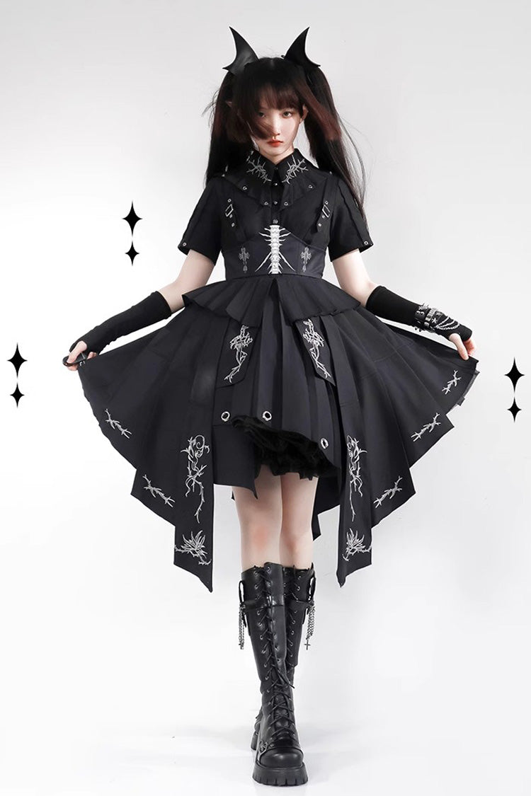 Nocturnal Rose Print Short-Sleeve Elegant Gothic JSK Dress