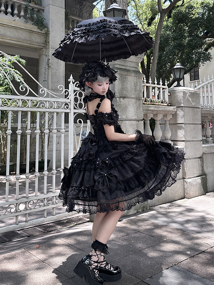 Princess Big Bead Lolita and Back Accents at with All Bow Details Black Dress