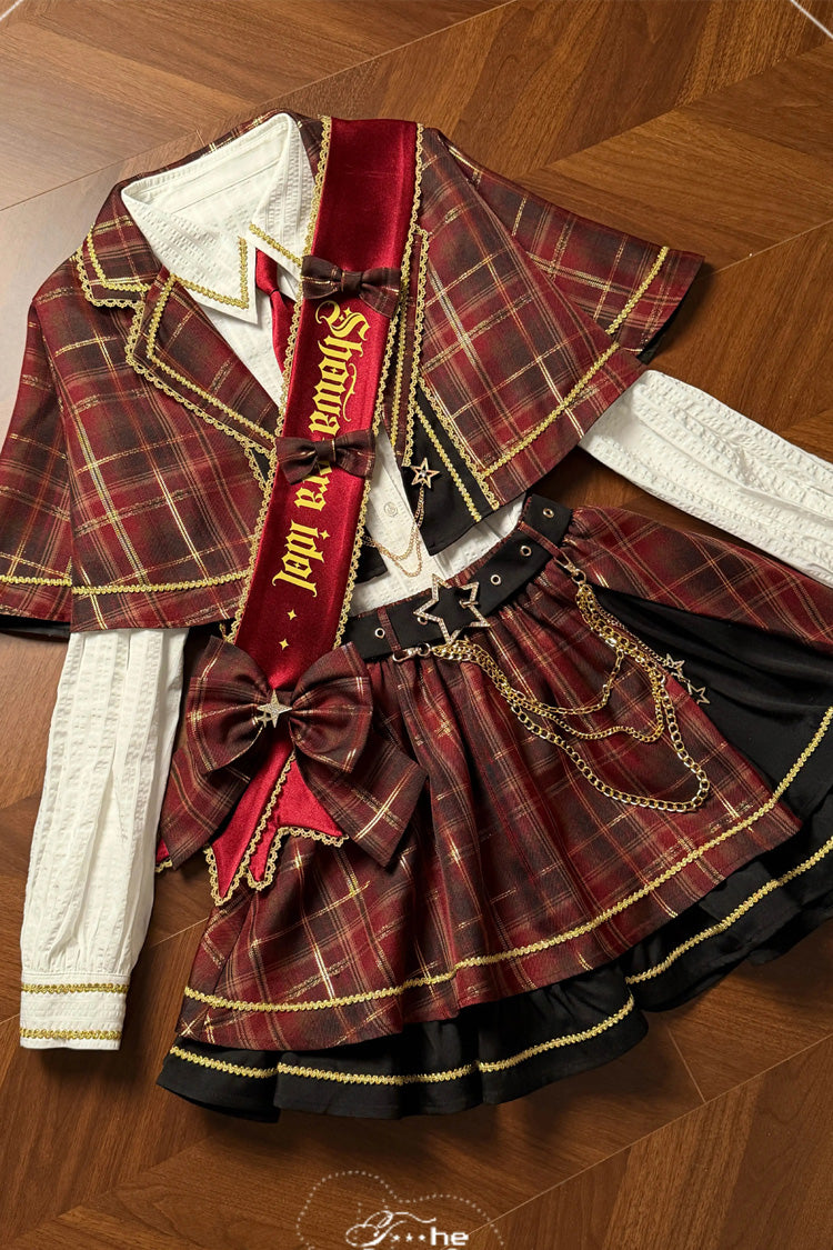 Crimson Showa Little Idol Notch Collar Long Sleeve Ruffled Open-Front Bow Asymmetric Classic Lolita Skirt Set