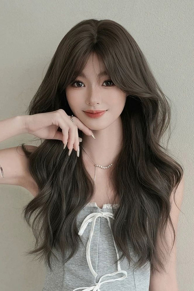 Fluffy Chestnut Brown Wavy Wig with Face-Framing Curtain Bangs