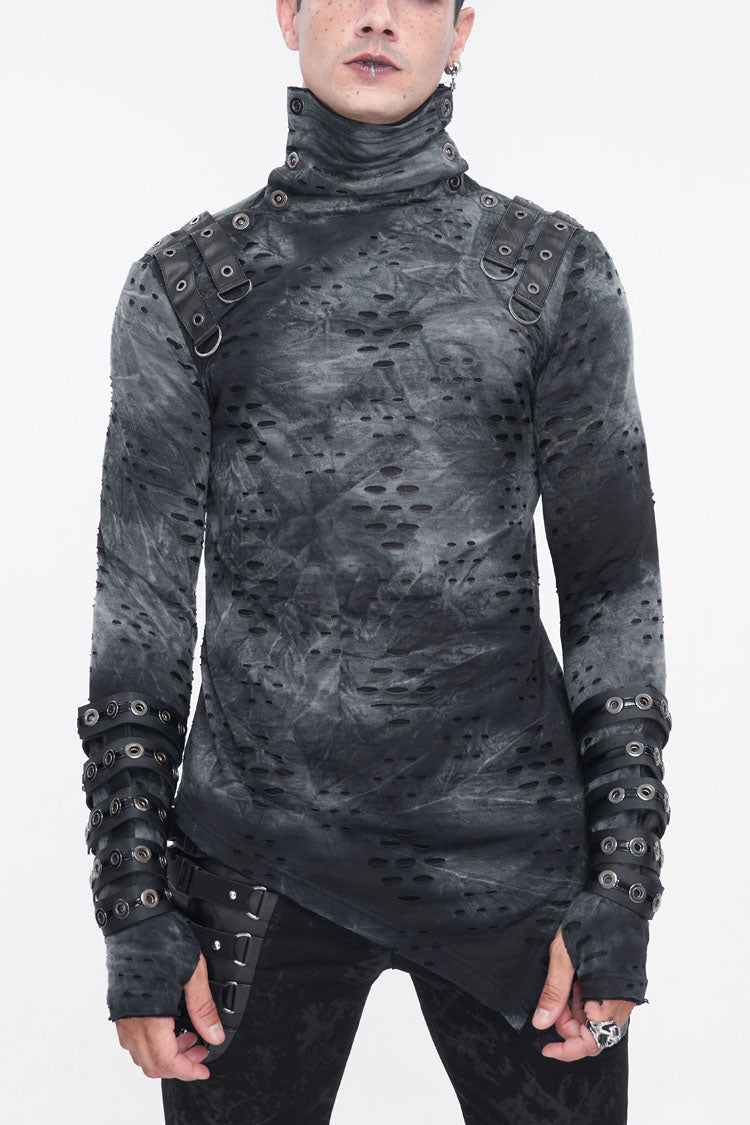 Men's Punk Shirt with Irregular Ripped Details, Stand Collar, Grey/Black
