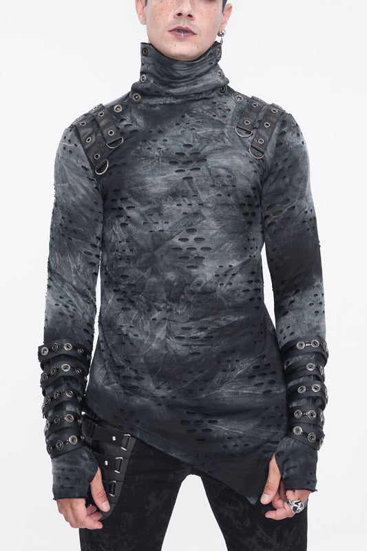 Men's Punk Shirt with Irregular Ripped Details, Stand Collar, Grey/Black