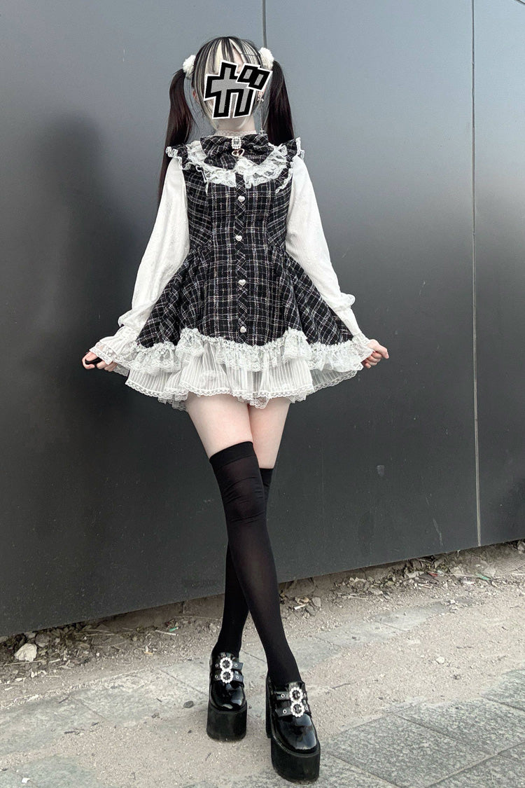 Plaid Printed Ruffled Bow Lace Sweet Jirai Kei Japanese Dress Shorts Set