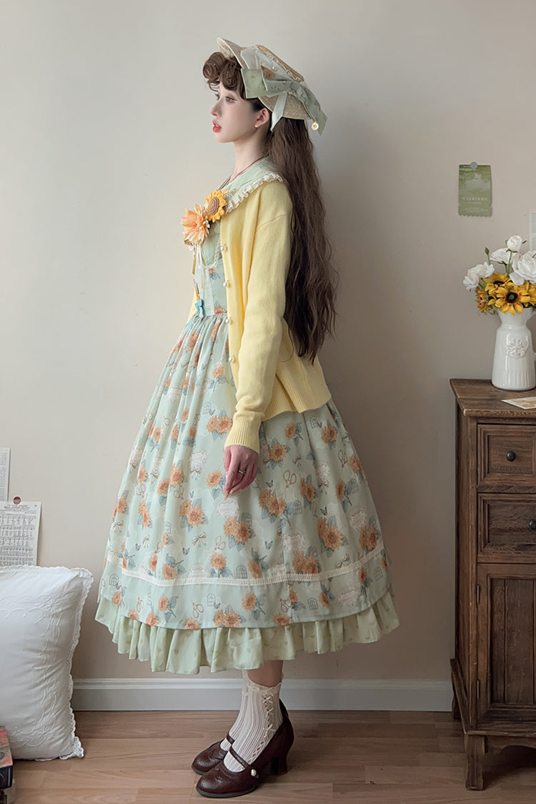 Green Sunflower Sleeveless Floral Bow Elegant Uplift Jsk