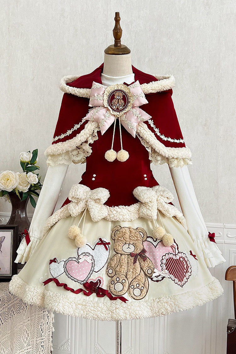 Scarlet Beige Heart Bear Embroidered Sweet Lolita Jumper Dress Ensemble