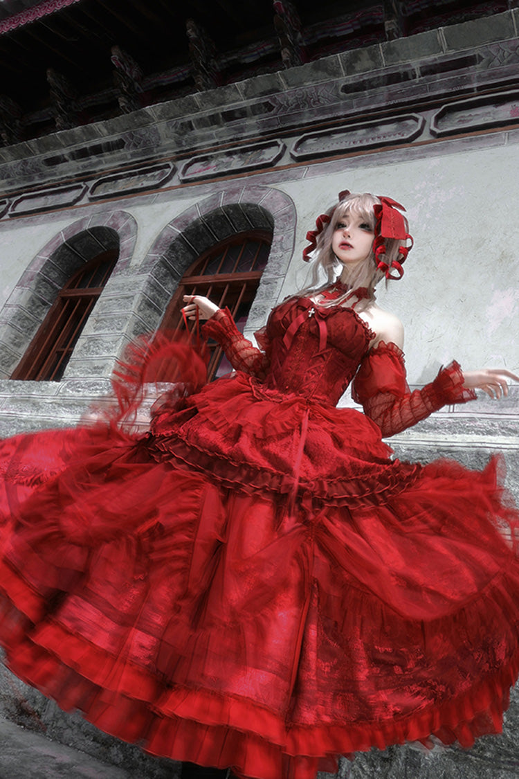 Wine Red Cross Halterneck Ruffle Bowknot Lace Lace-Up Gothic Dress